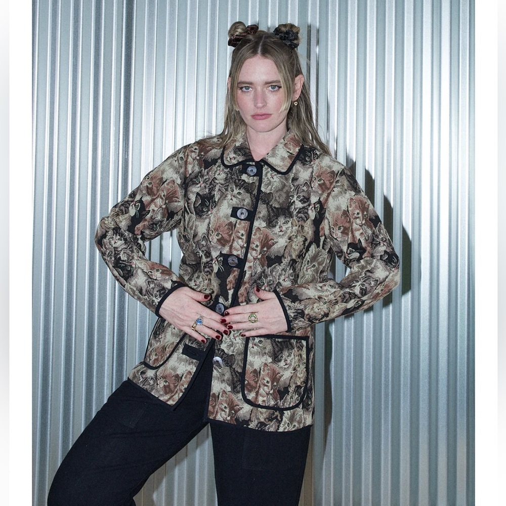 Fashion Brand Company Multicolor Cats Print Jacket with Black Trim